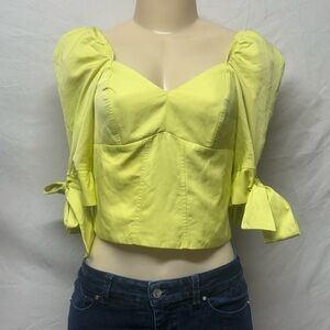 Express Puff Sleeve Corset Tie Sleeve Smocked Crop Top Womens XS Neon Green